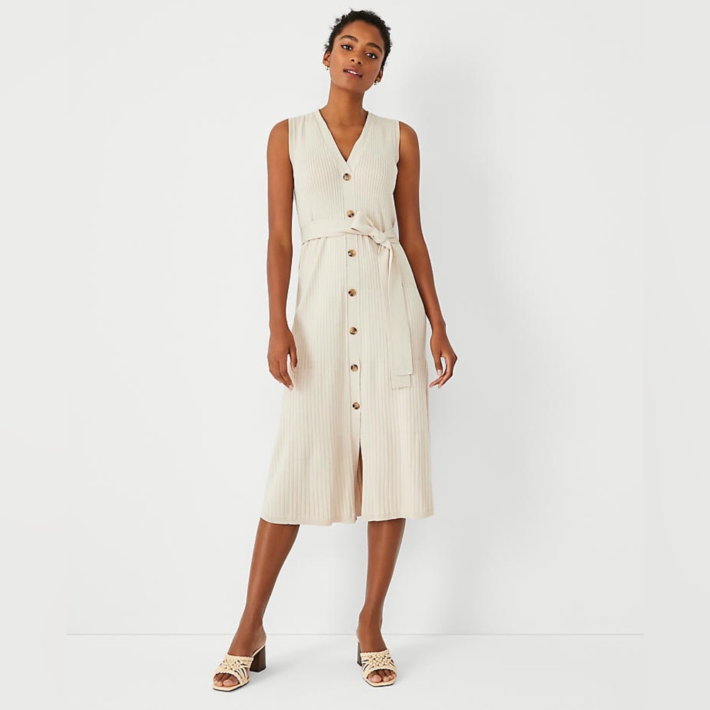 Ann Taylor Cream Sleeveless Button-Down Dress